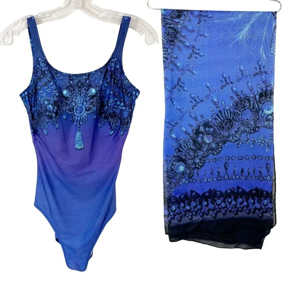 X Gottex Purple Jewel Print One Piece Swimsuit & Matching Sarong - Size US 10 - Picture 1 of 8